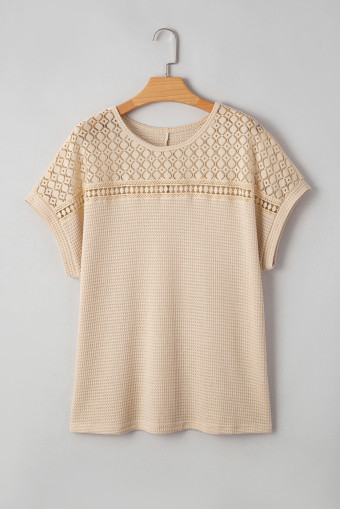 Plus Size Oatmeal Lace Patchwork Waffle Short Sleeve  Top