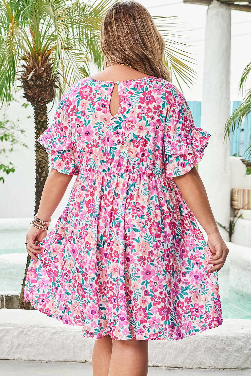 Plus Size White  Floral Print Frilled Short Sleeve Flare Dress