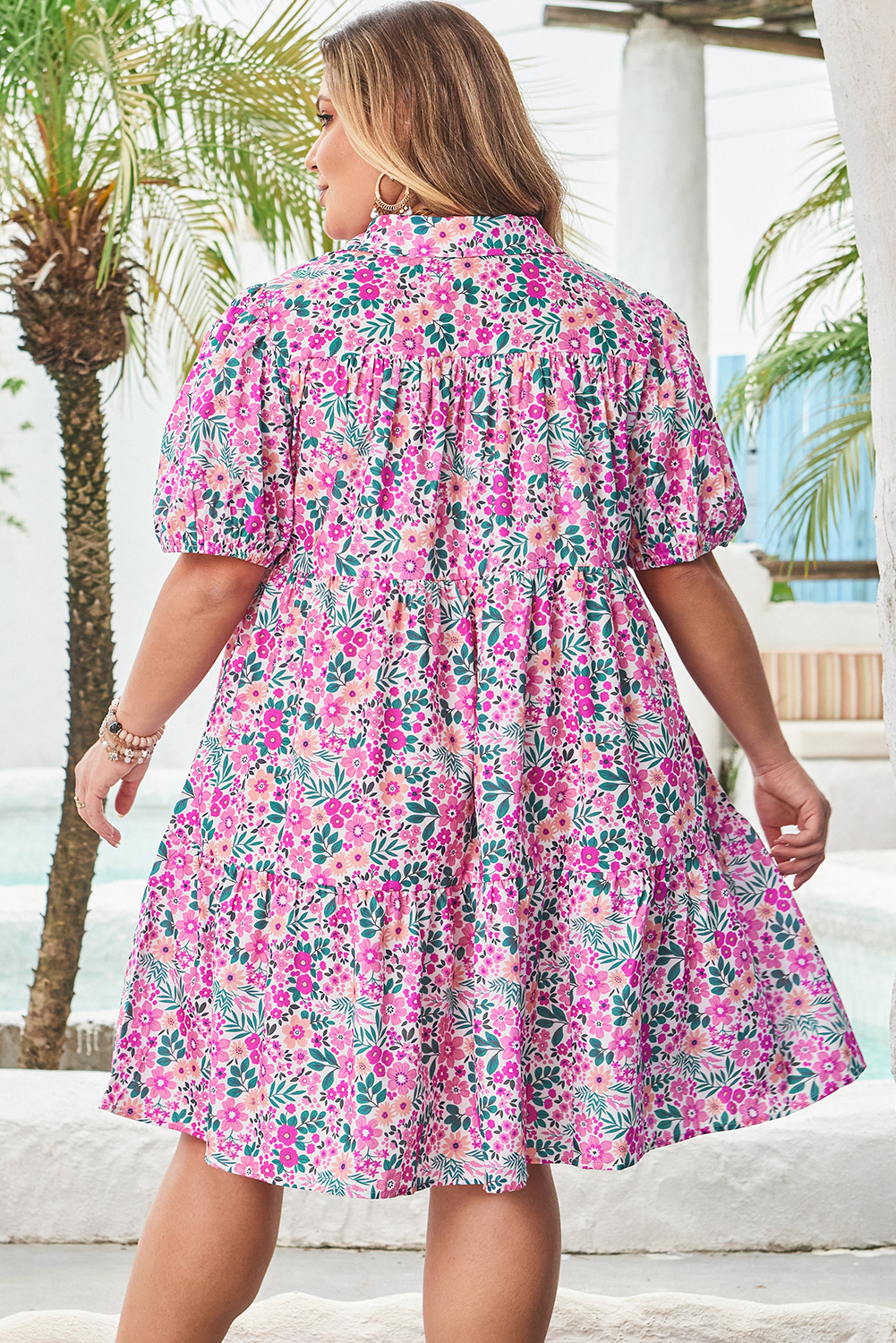 Plus Size Pink  Floral Half Button Short Puff Sleeve A-line Dress