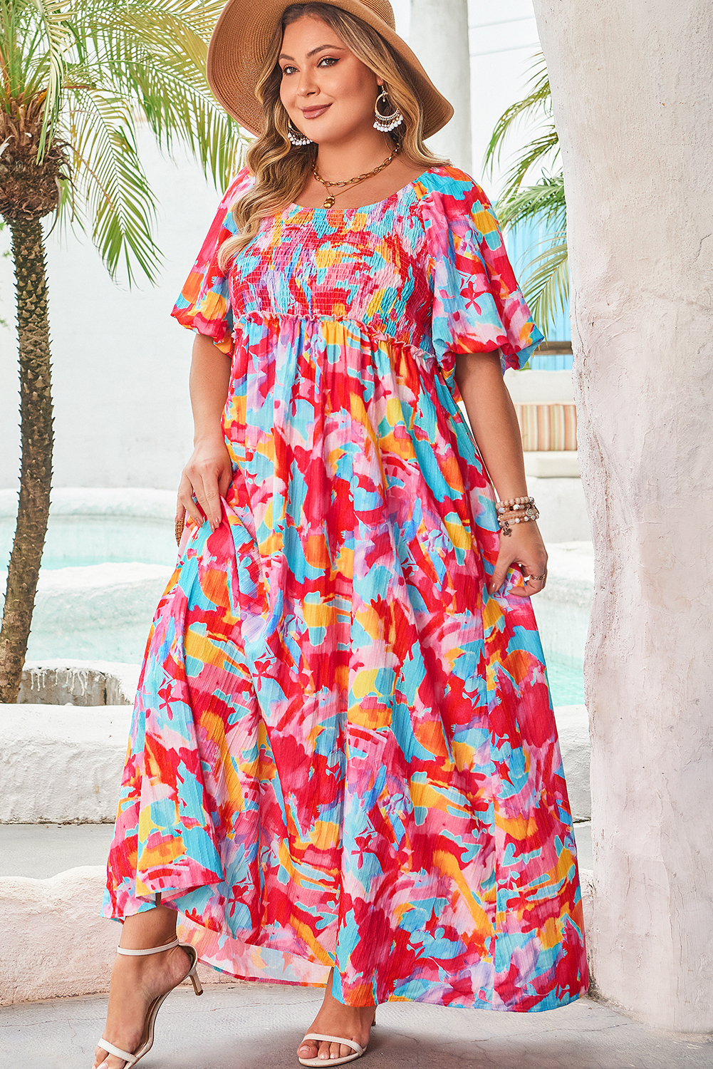 Oversized Rose Abstract Printed Puff Sleeve Square Neck Smocked Bust Tied Back  Dress