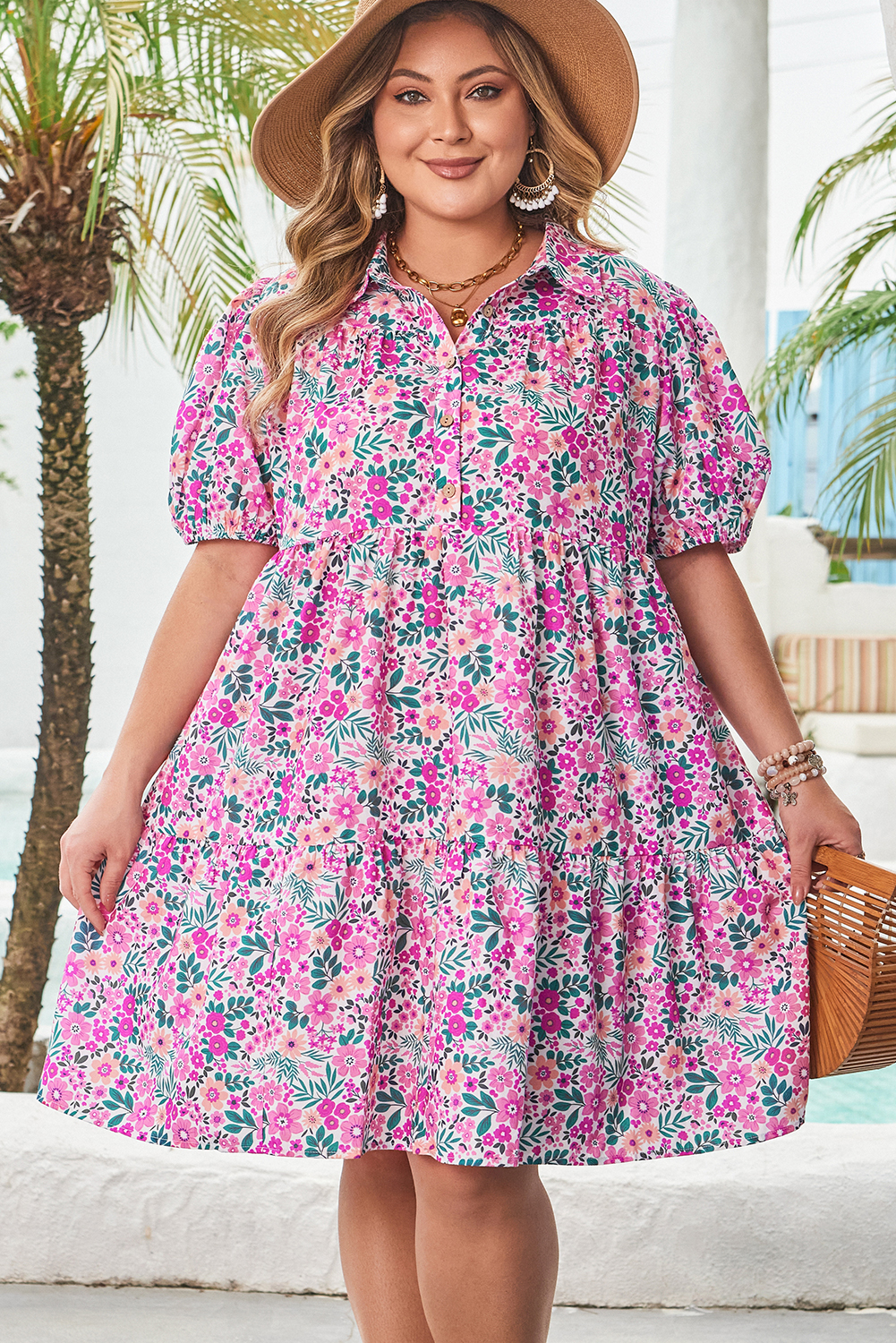 Plus Size Pink  Floral Half Button Short Puff Sleeve A-line Dress