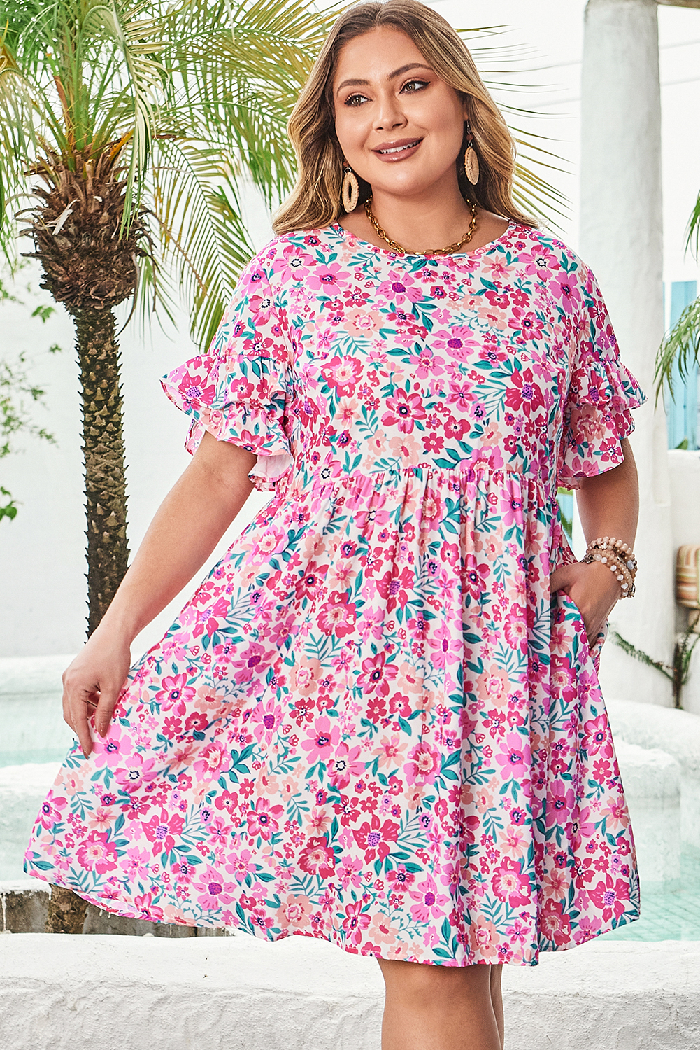 Plus Size White  Floral Print Frilled Short Sleeve Flare Dress