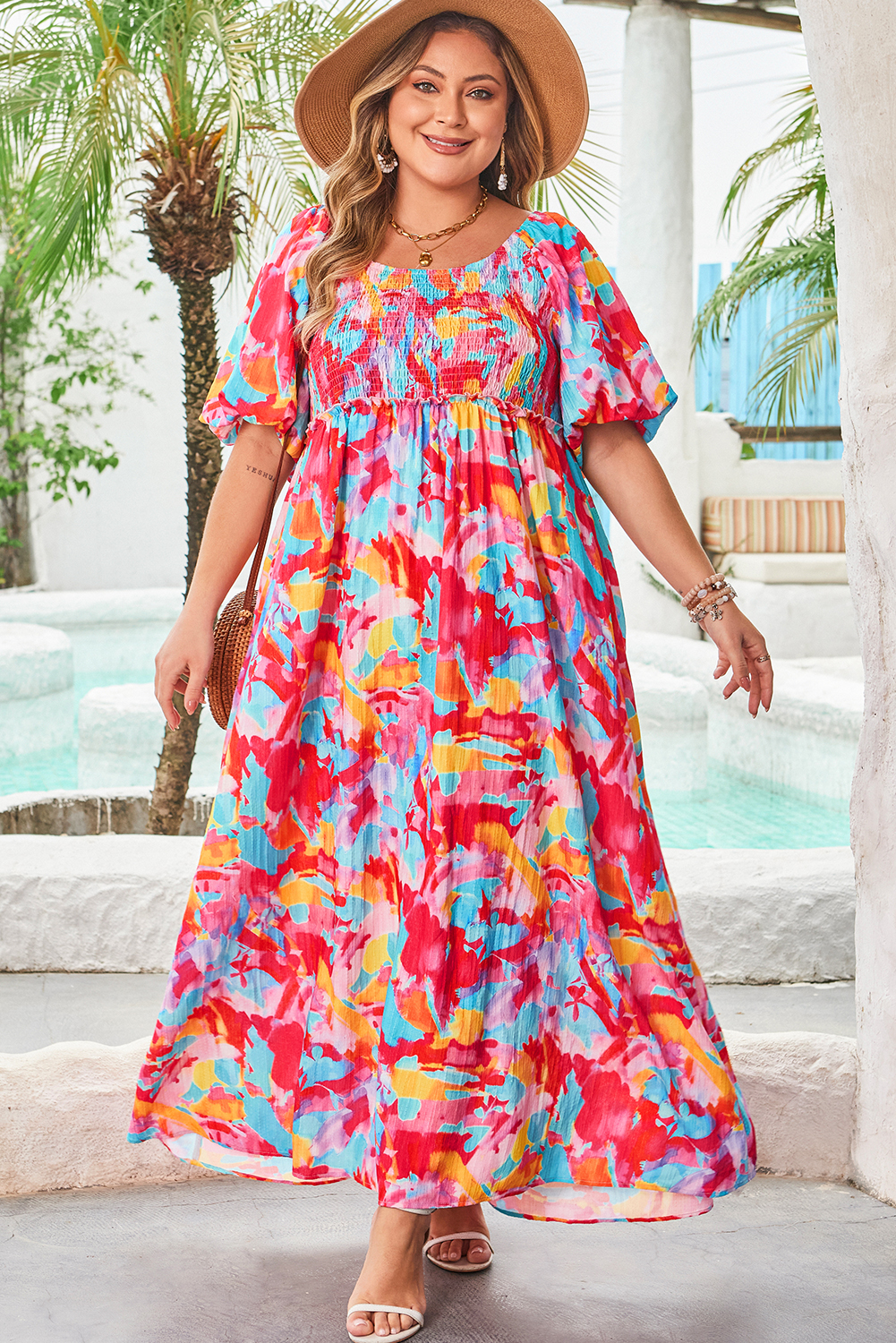 Plus Size Rose Abstract Printed Puff Sleeve Square Neck Smocked Bust Tied Back  Dress
