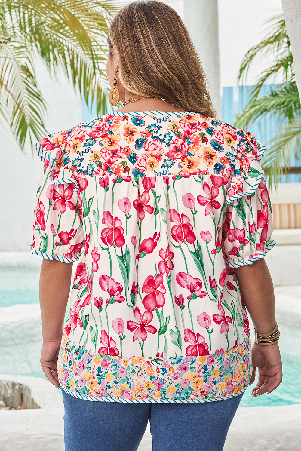 Plus Size Pink  Floral Print Striped Trim V Neck Blouse