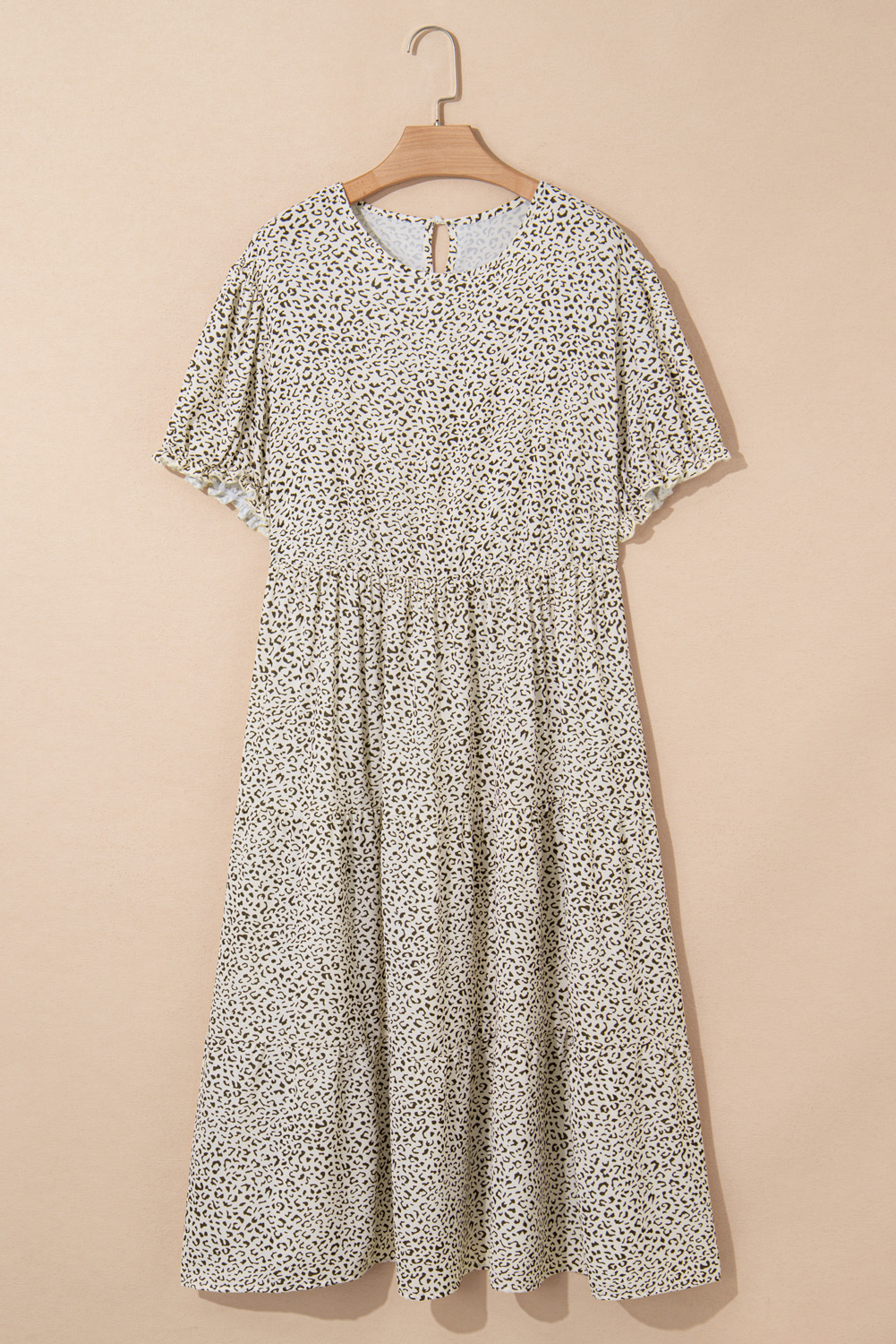 Plus Size Beige  Leopard Print Frill Trim Short Sleeve Flared Dress