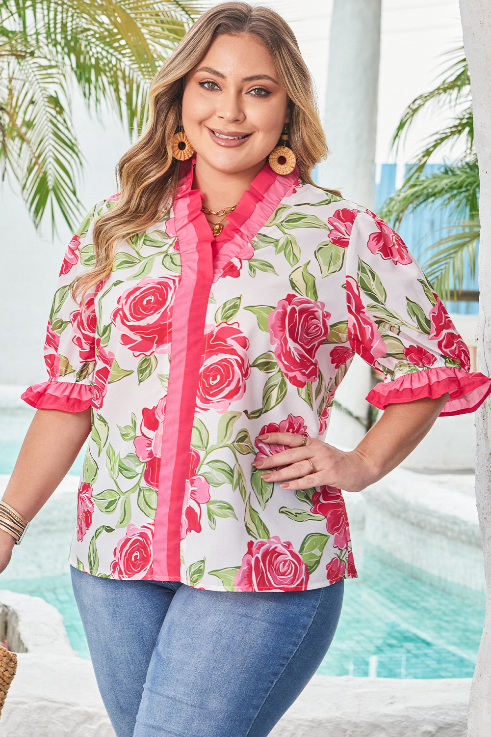 Plus Size Rose  Floral Print Frilled Stripes Detail Short Sleeve Blouse