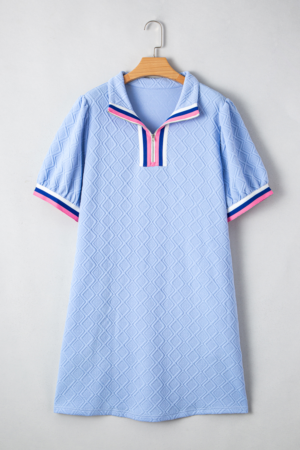 Plus Size Beau Blue Contrast Striped Trim Zipped Stand Collar Textured Puff Sleeve  T Shirt Dress