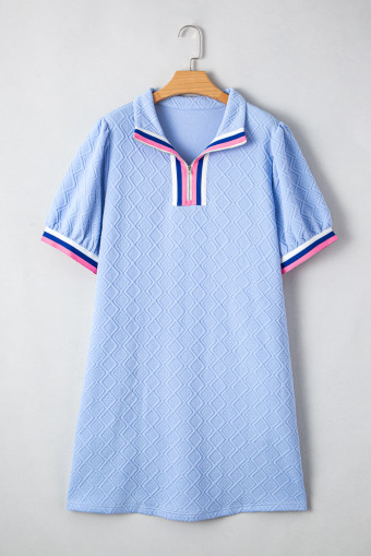 Plus Size Beau Blue Contrast Striped Trim Zipped Stand Collar Textured Puff Sleeve  T Shirt Dress