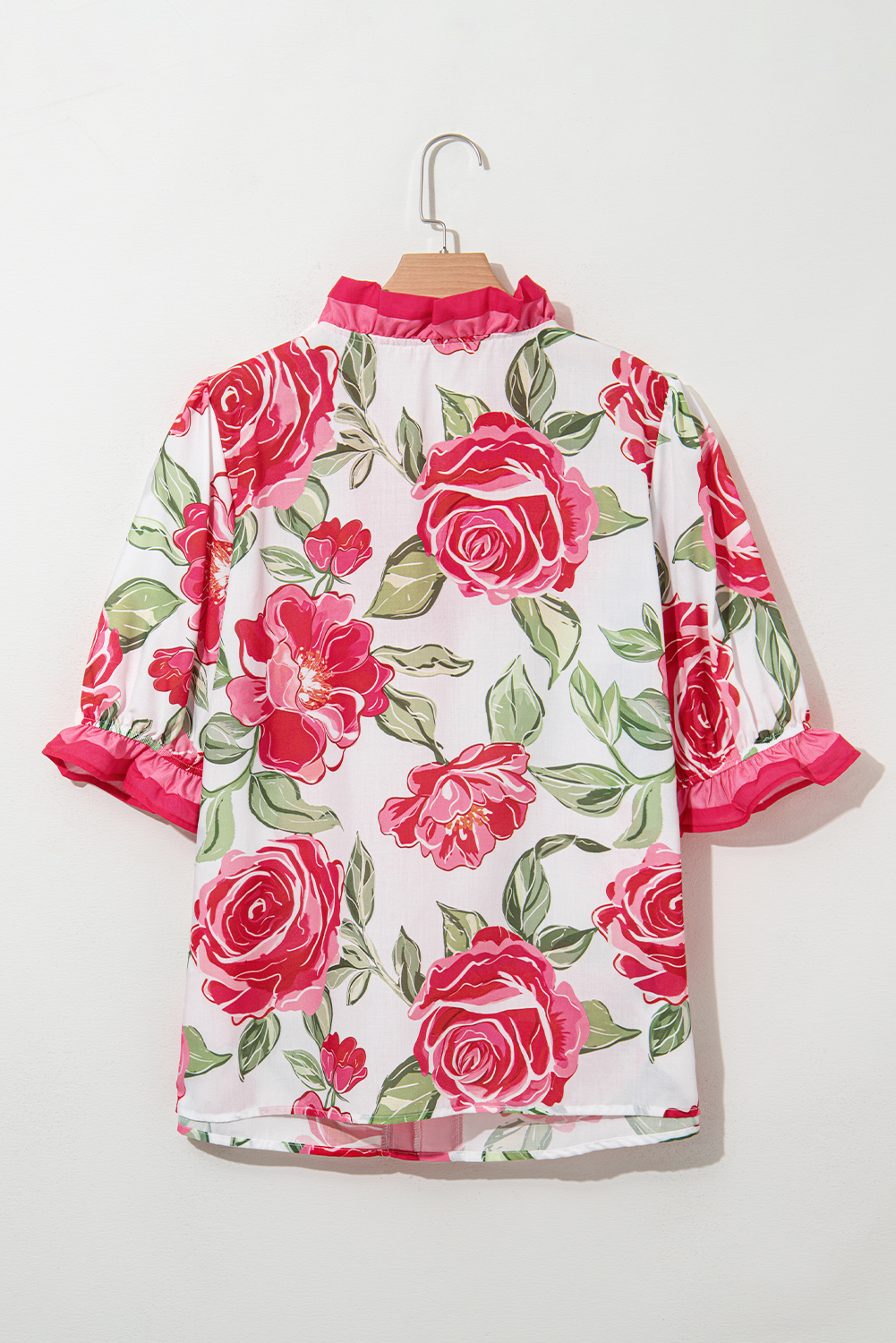 Plus Size Rose  Floral Print Frilled Stripes Detail Short Sleeve Blouse