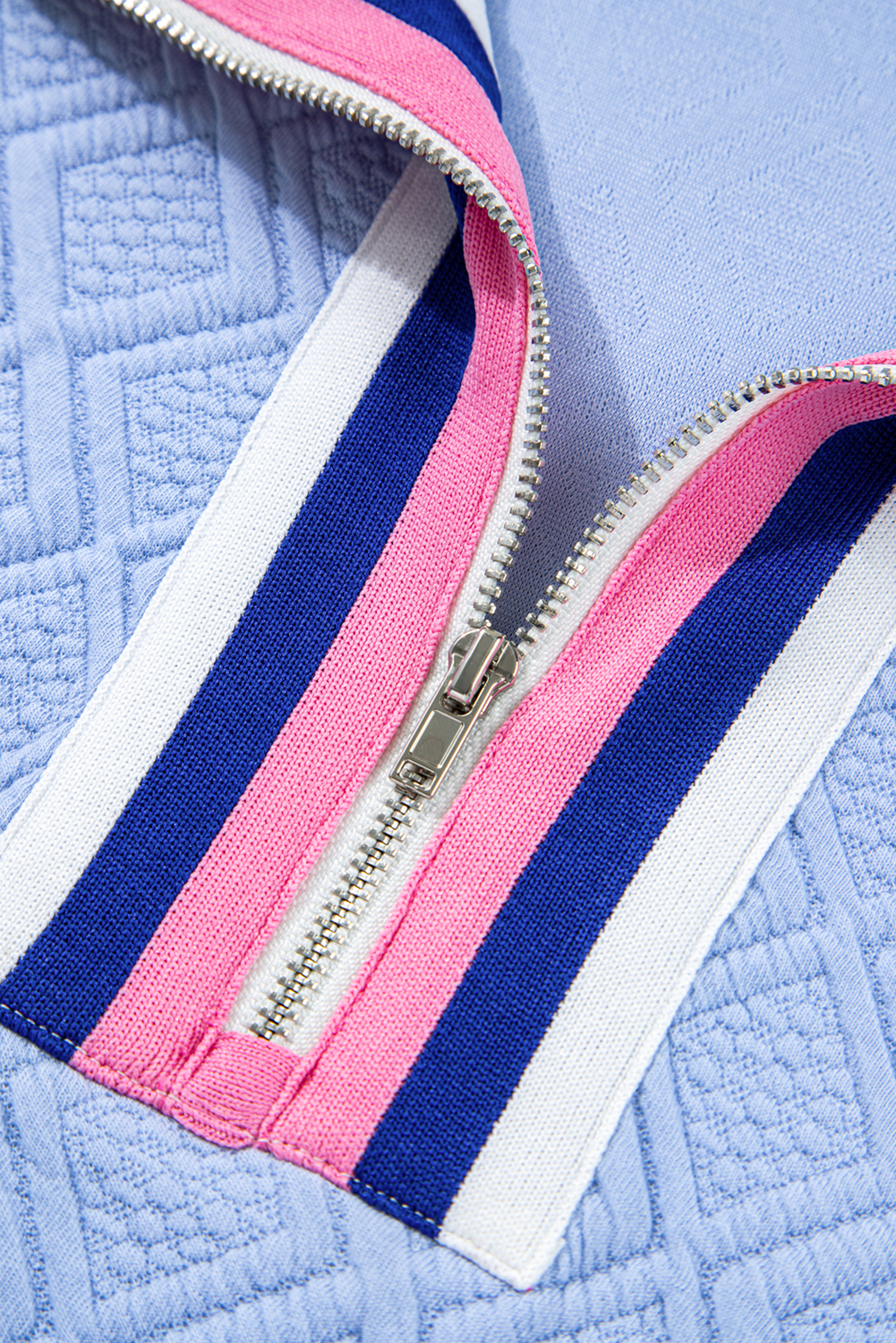 Plus Size Beau Blue Contrast Striped Trim Zipped Stand Collar Textured Puff Sleeve  T Shirt Dress