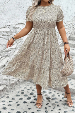Plus Size Beige  Leopard Print Frill Trim Short Sleeve Flared Dress