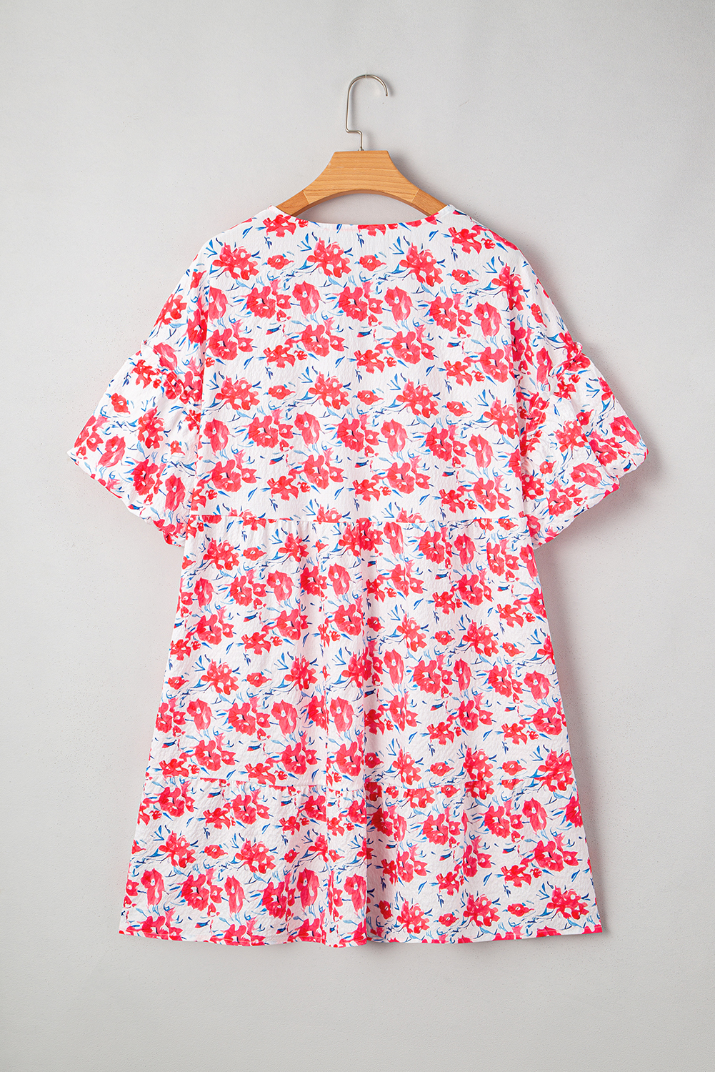 Plus Size Red Floral Ruffled Half Sleeve V Neck  Dress