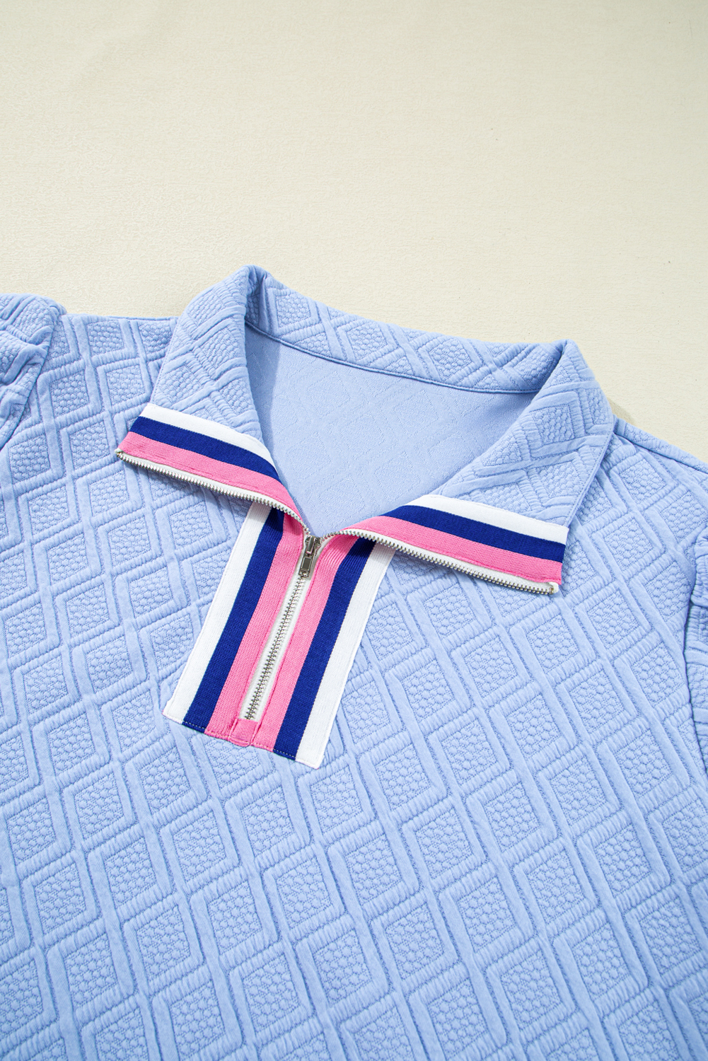 Plus Size Beau Blue Contrast Striped Trim Zipped Stand Collar Textured Puff Sleeve  T Shirt Dress