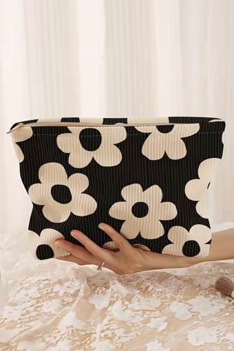 Black Flower Printed Rib Textured Cosmetic Bag