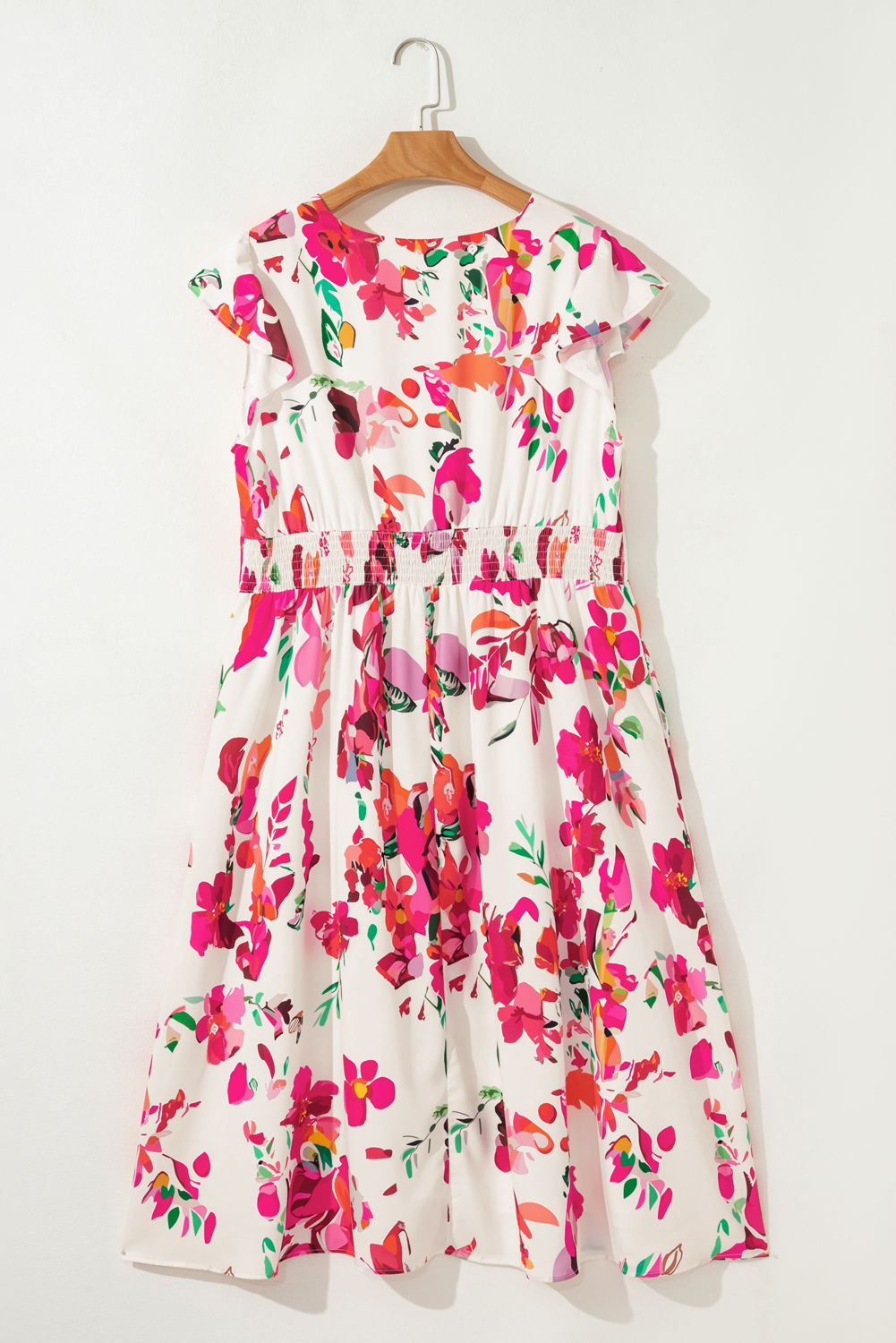 Plus Size Pink Floral Print V Neck Ruffle Sleeve  Midi Dress