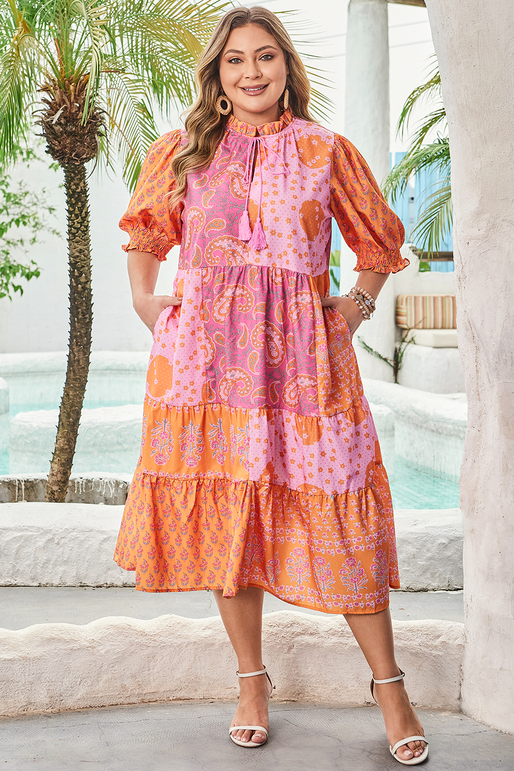 Plus Size Pink Boho Paisley Floral Mixed Patchwork Tassel Tie  Midi Dress