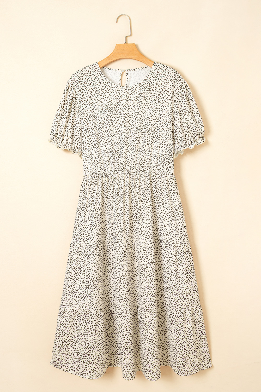 Plus Size Beige  Leopard Print Frill Trim Short Sleeve Flared Dress