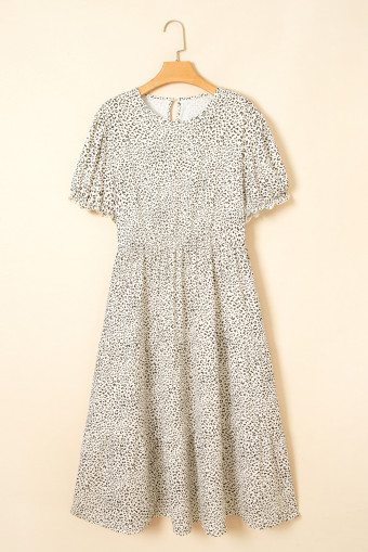 Plus Size Beige  Leopard Print Frill Trim Short Sleeve Flared Dress