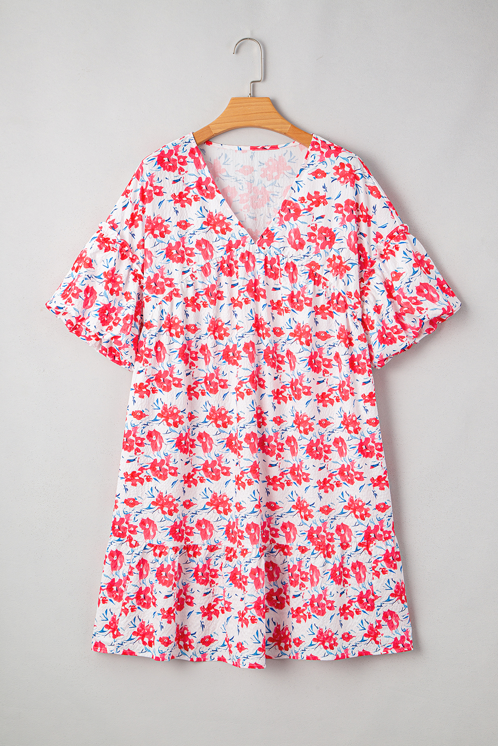 Plus Size Red Floral Ruffled Half Sleeve V Neck  Dress