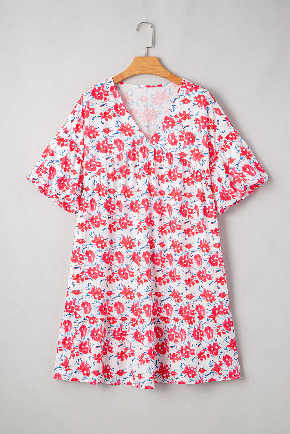 Plus Size Red Floral Ruffled Half Sleeve V Neck  Dress