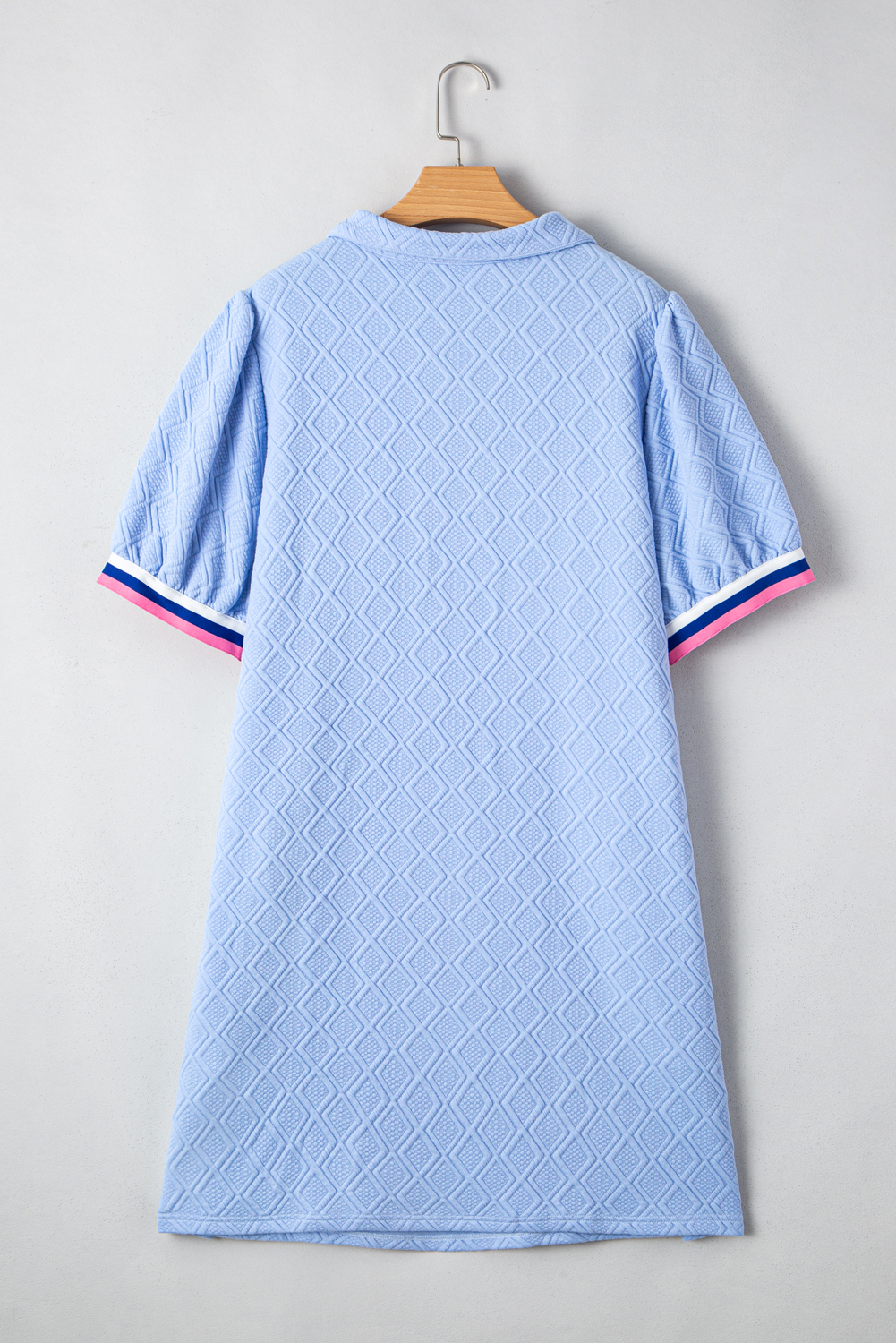 Plus Size Beau Blue Contrast Striped Trim Zipped Stand Collar Textured Puff Sleeve  T Shirt Dress