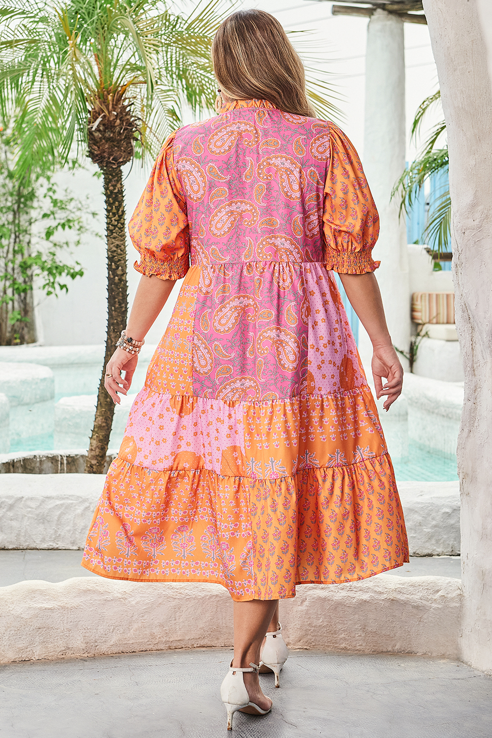 Plus Size Pink Boho Paisley Floral Mixed Patchwork Tassel Tie  Midi Dress