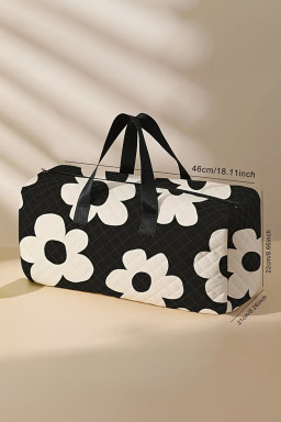 Black Flower Print Quilted Large Duffel Bag