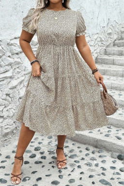 Plus Size Beige  Leopard Print Frill Trim Short Sleeve Flared Dress