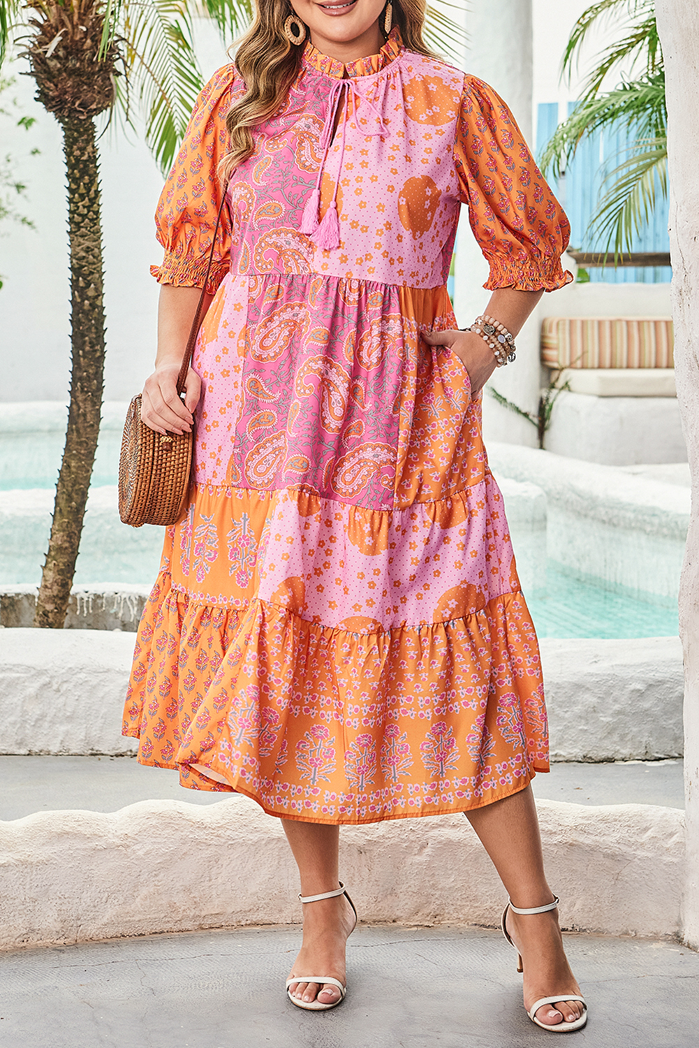 Plus Size Pink Boho Paisley Floral Mixed Patchwork Tassel Tie  Midi Dress