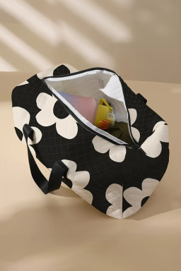 Black Flower Print Quilted Large Duffel Bag