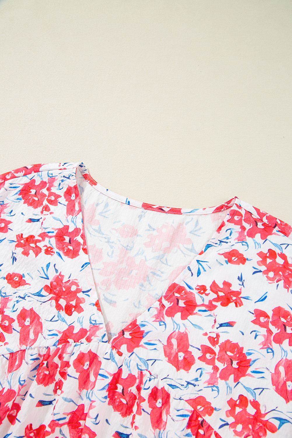 Plus Size Red Floral Ruffled Half Sleeve V Neck  Dress