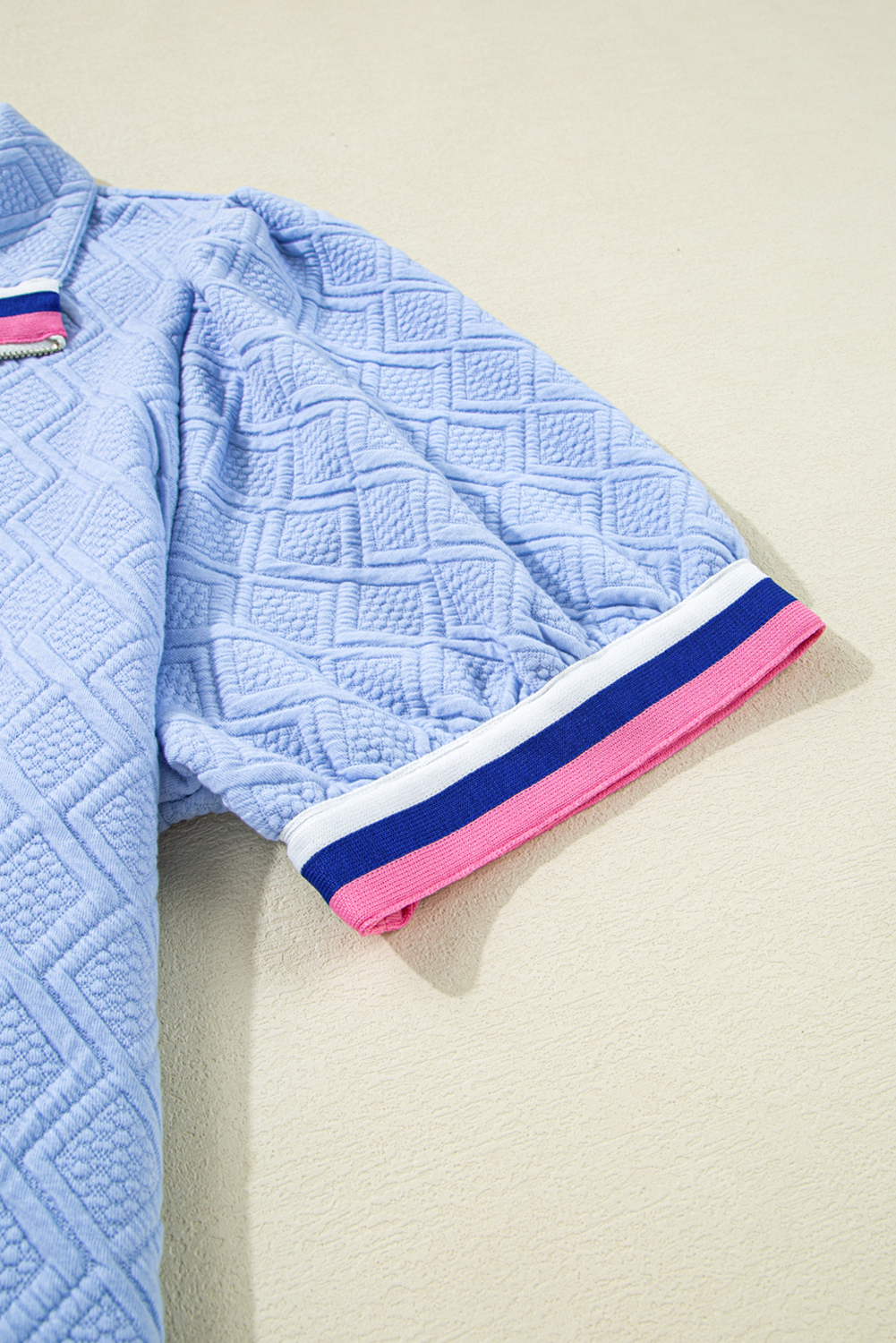 Plus Size Beau Blue Contrast Striped Trim Zipped Stand Collar Textured Puff Sleeve  T Shirt Dress