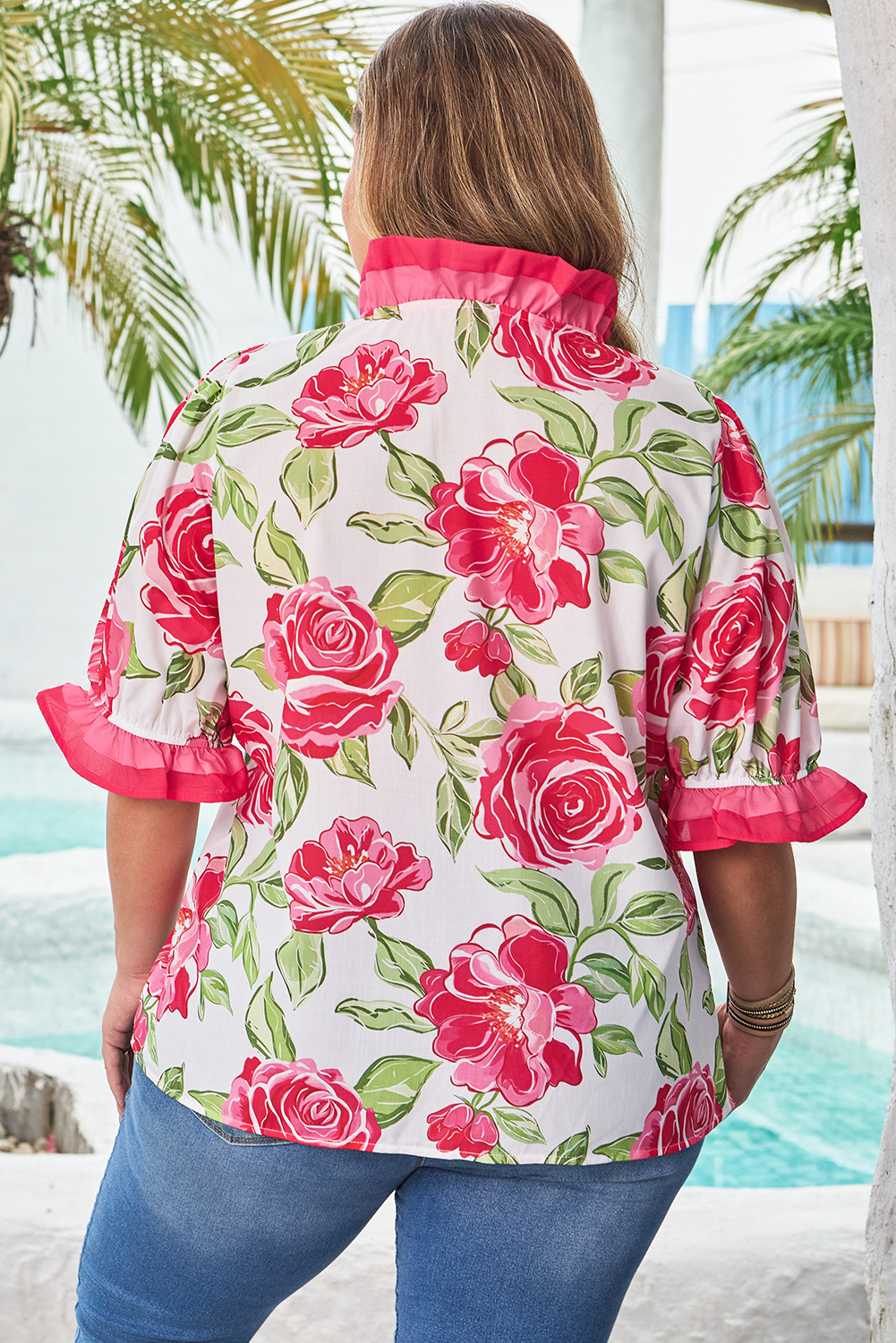 Plus Size Rose  Floral Print Frilled Stripes Detail Short Sleeve Blouse