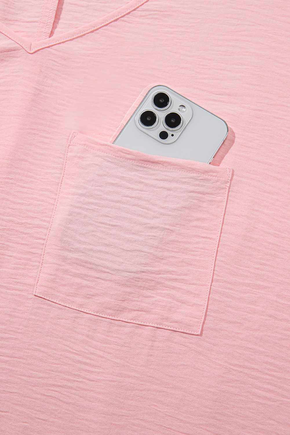 Plus Size Pink Textured Half Sleeve V Neck  T Shirt with Chest Pocket