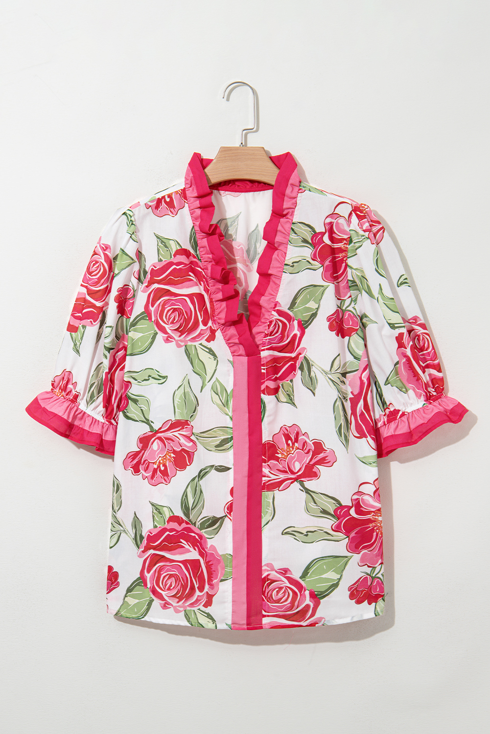 Plus Size Rose  Floral Print Frilled Stripes Detail Short Sleeve Blouse