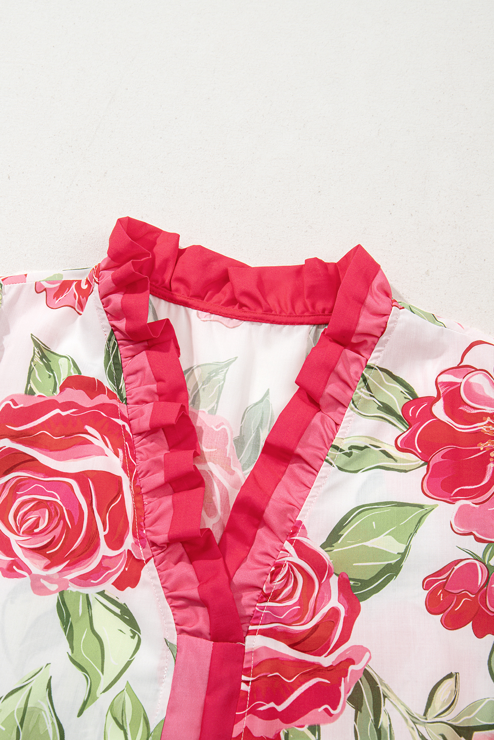 Plus Size Rose  Floral Print Frilled Stripes Detail Short Sleeve Blouse