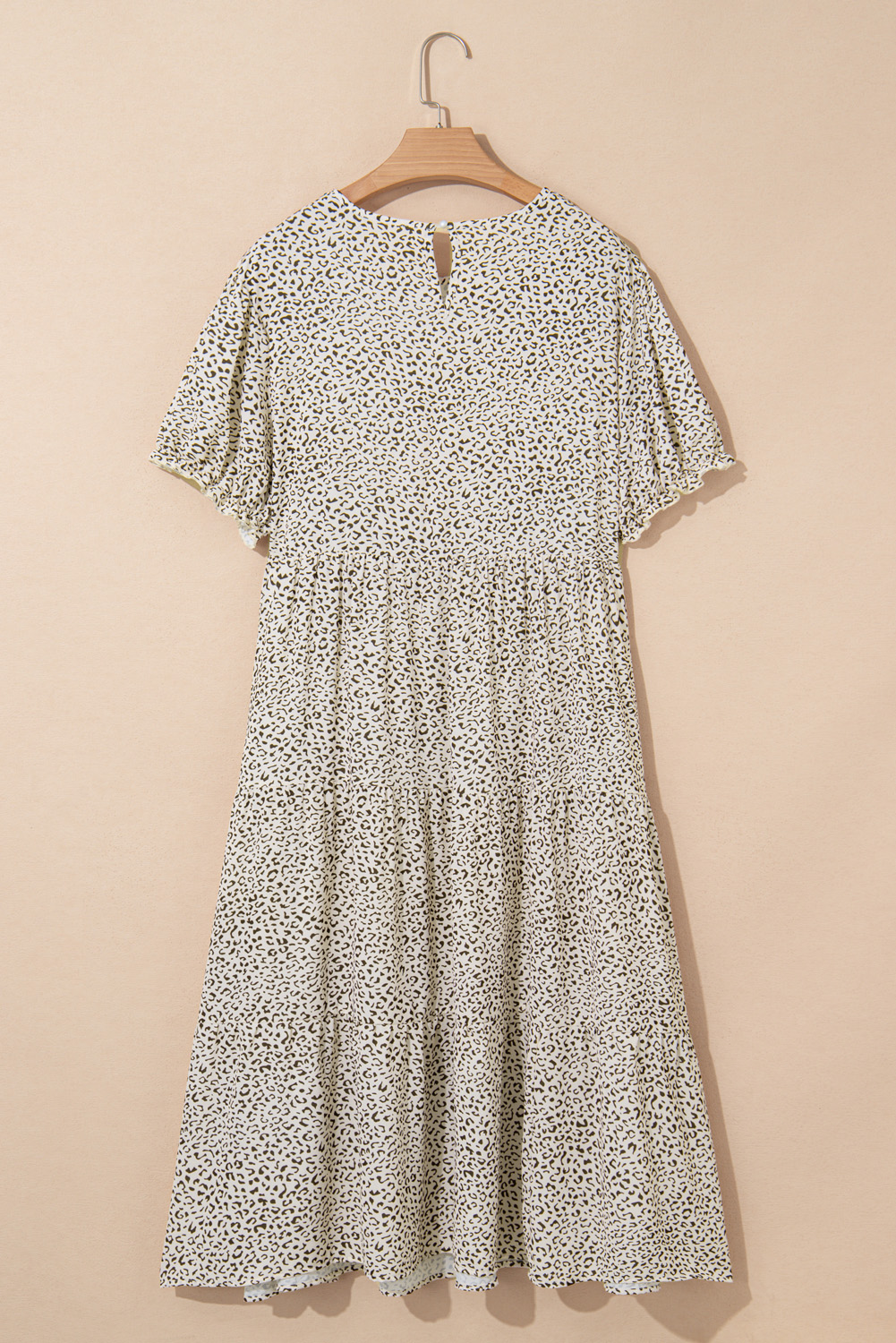 Plus Size Beige  Leopard Print Frill Trim Short Sleeve Flared Dress