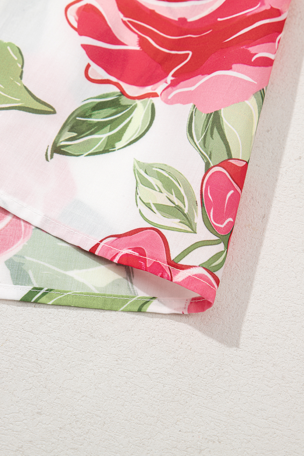 Plus Size Rose  Floral Print Frilled Stripes Detail Short Sleeve Blouse