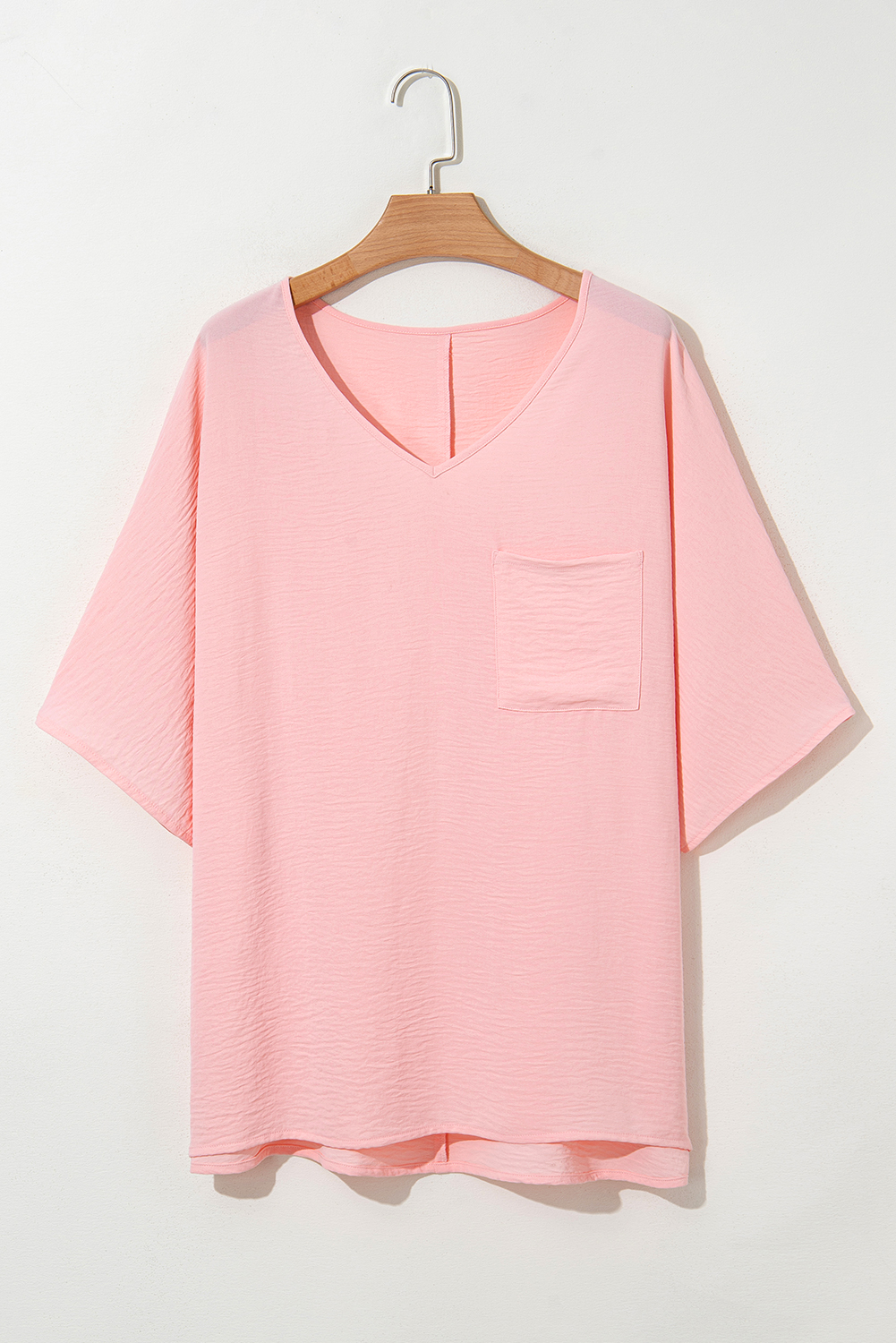 Plus Size Pink Textured Half Sleeve V Neck  T Shirt with Chest Pocket