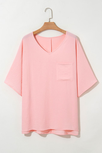 Plus Size Pink Textured Half Sleeve V Neck  T Shirt with Chest Pocket