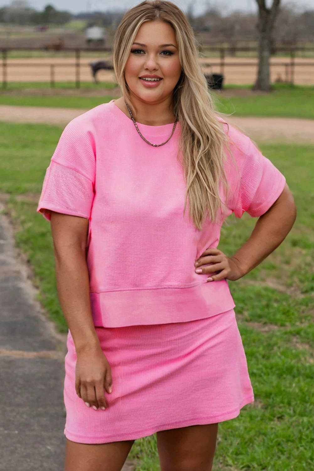 Large Size Pink Ribbed Drop Shoulder Tee and Skort  Set