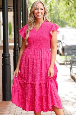 Curvy Size Rose Polka Dot Print Ruffled Smocked High Waist Plus Midi Dress