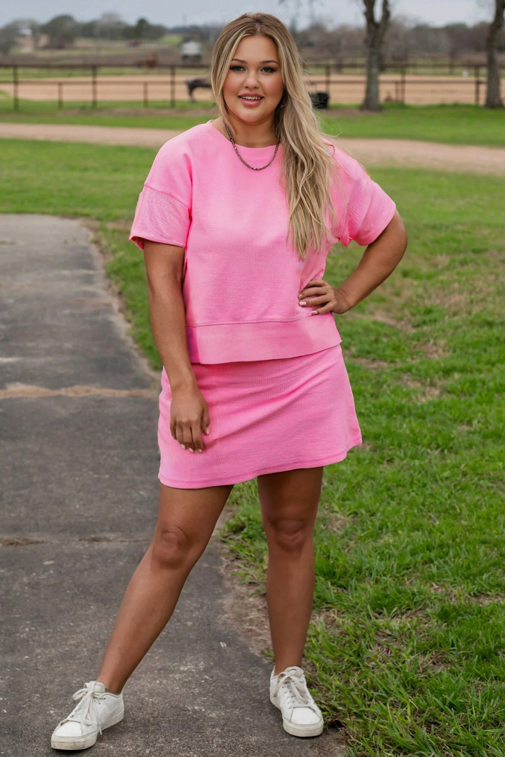 Big Size Pink Ribbed Drop Shoulder Tee and Skort  Set