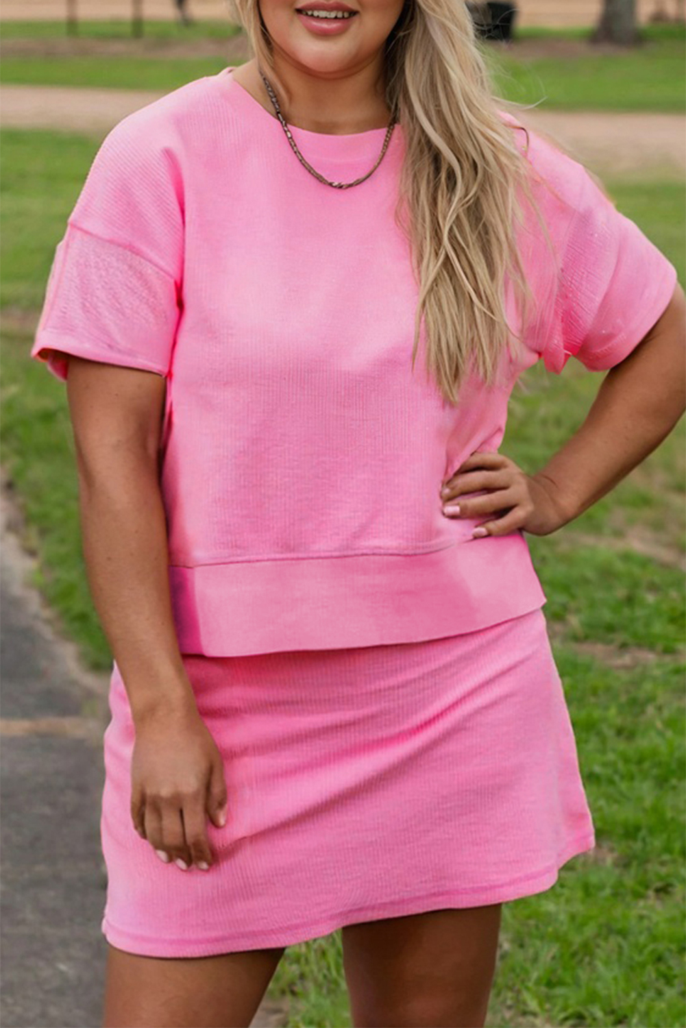 Plus Size Pink Ribbed Drop Shoulder Tee and Skort  Set
