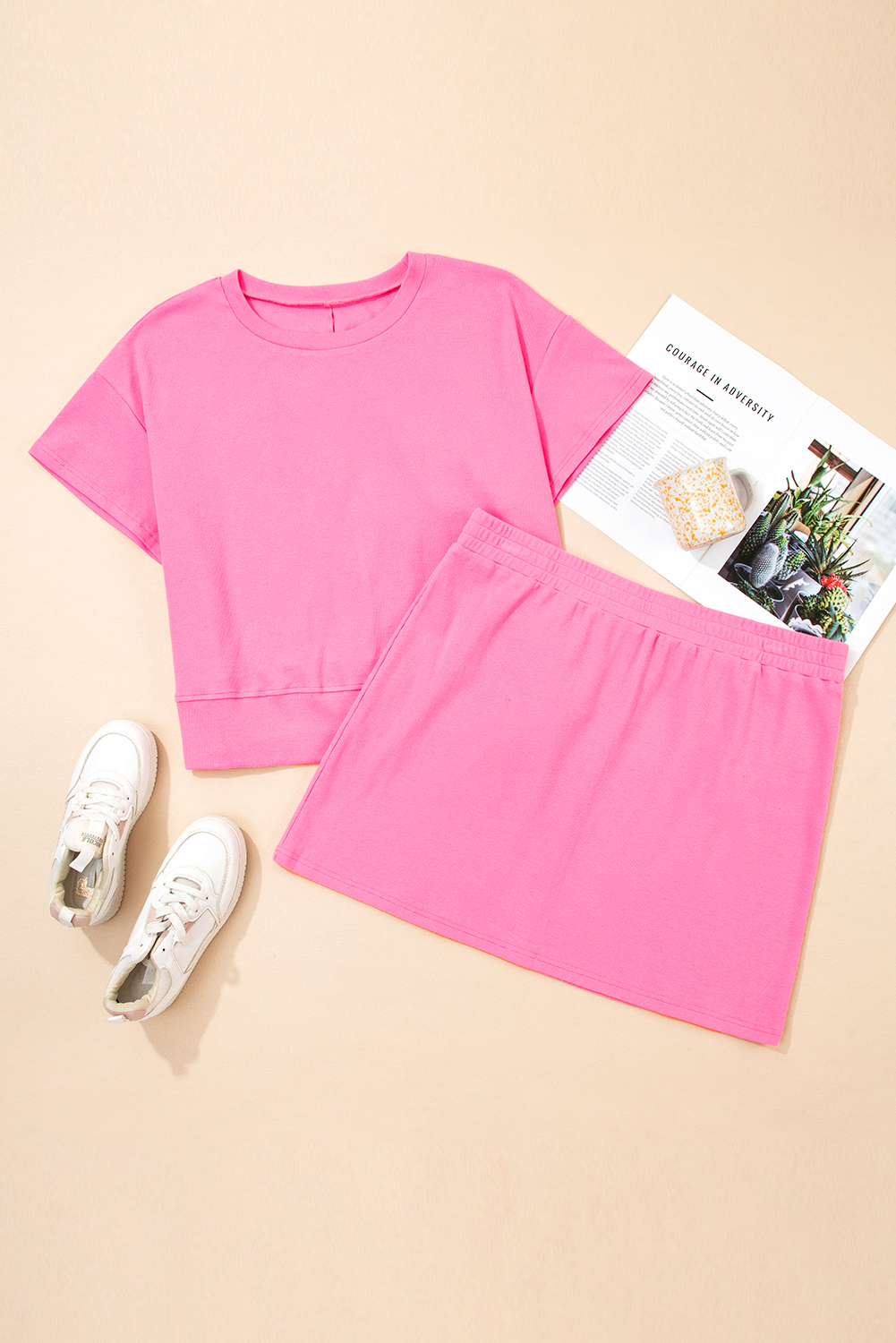 Plus Size Pink Ribbed Drop Shoulder Tee and Skort  Set