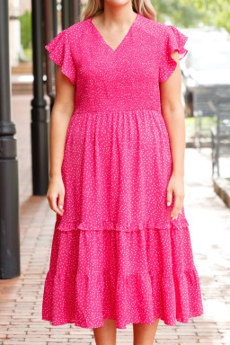 large Size Rose Polka Dot Print Ruffled Smocked High Waist Plus Midi Dress