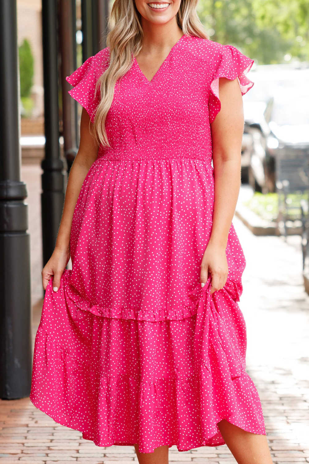 Big Size Rose Polka Dot Print Ruffled Smocked High Waist Plus Midi Dress