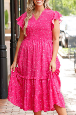 Big Size Rose Polka Dot Print Ruffled Smocked High Waist Plus Midi Dress