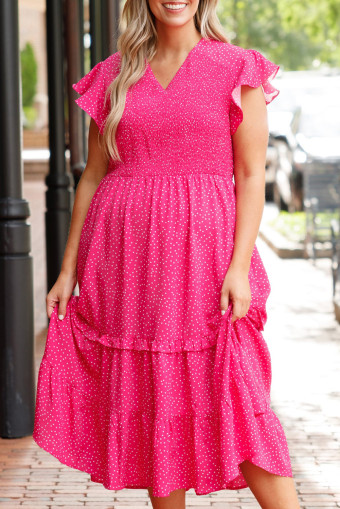 Big Size Rose Polka Dot Print Ruffled Smocked High Waist Plus Midi Dress