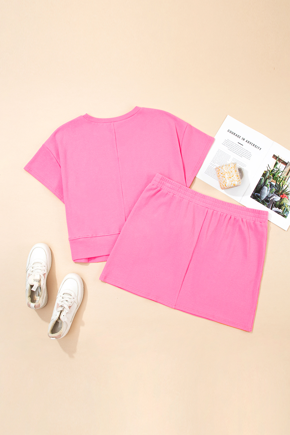 Plus Size Pink Ribbed Drop Shoulder Tee and Skort  Set